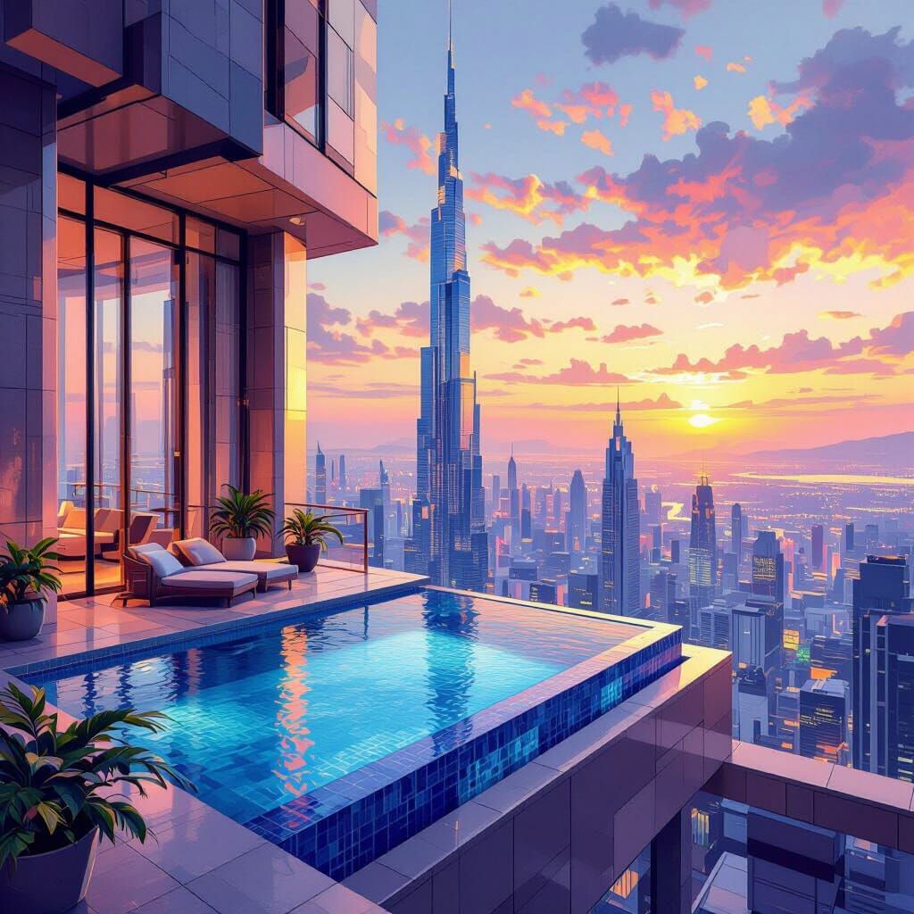 Futuristic Skyscraper with Rooftop Pool in Cubist Painting S...