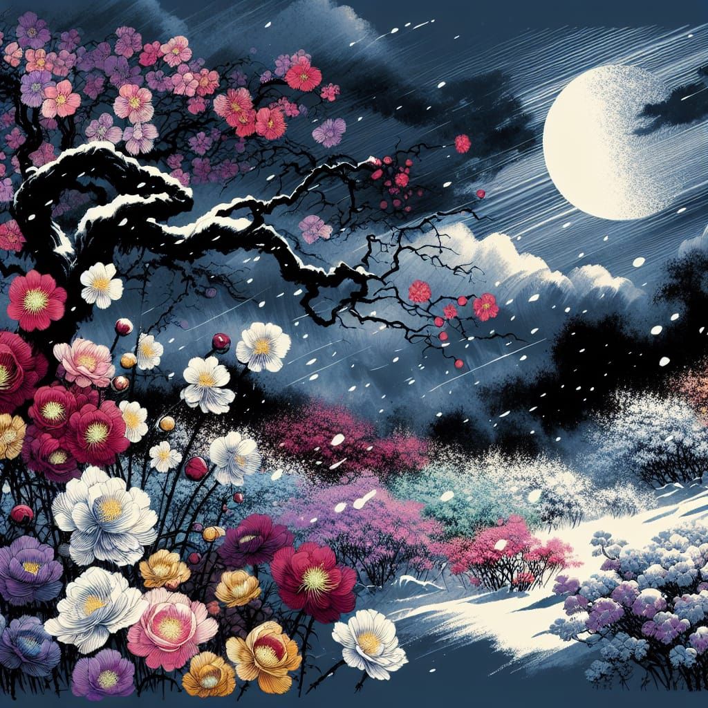 Wind, Flowers, Snow, Moon