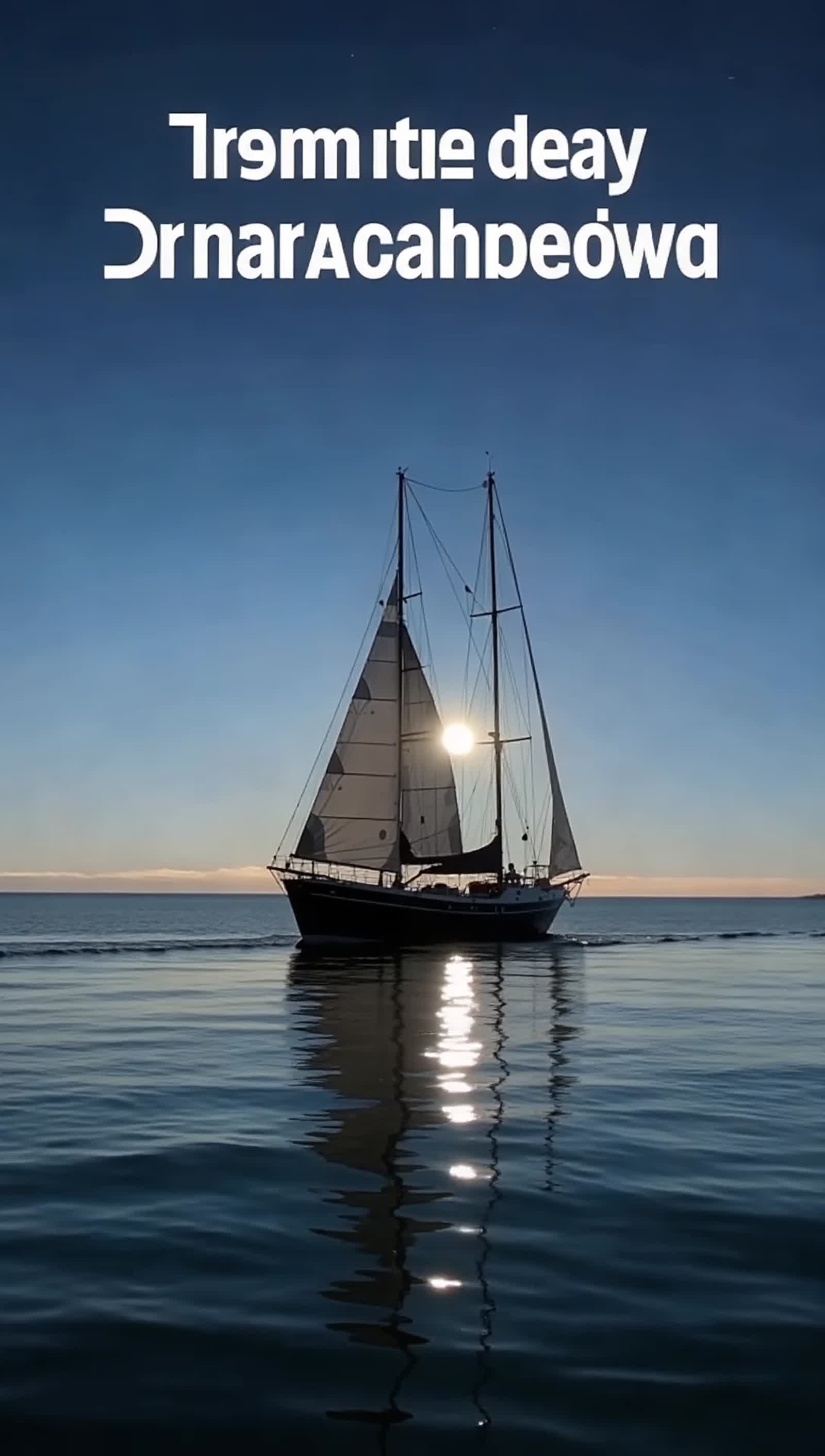 Vertical 9:16, photorealistic: distant silhouetted sailboat far on a calm night sea, still water with a faint distant mo...