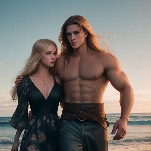 extremely handsome, muscular Swedish model, tall, blue eyes, long blonde hair parted to the side is walking with a gorgeous, light Latina wo...