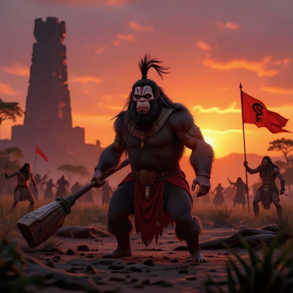 An australopithecus in the service of the Serpent lord of near harad with hairy body ,wearing red painted animal bone armor  with a long bla...