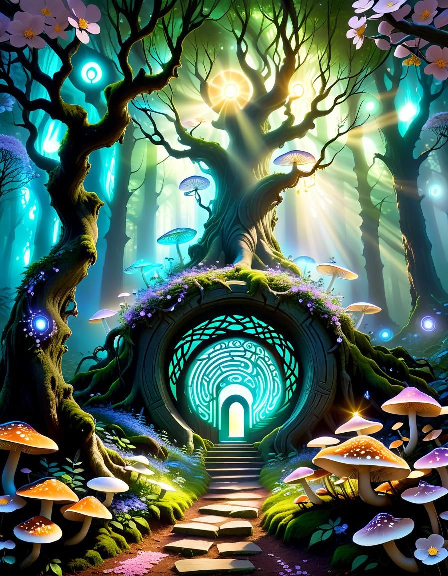 (portal to another realm swirling portal:1.5) (surrounding trees ...