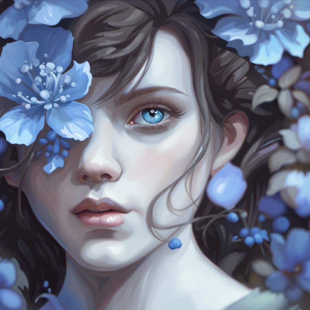 Victorian Girl Portrait with Blue Flowers in Art Nouveau Sty...