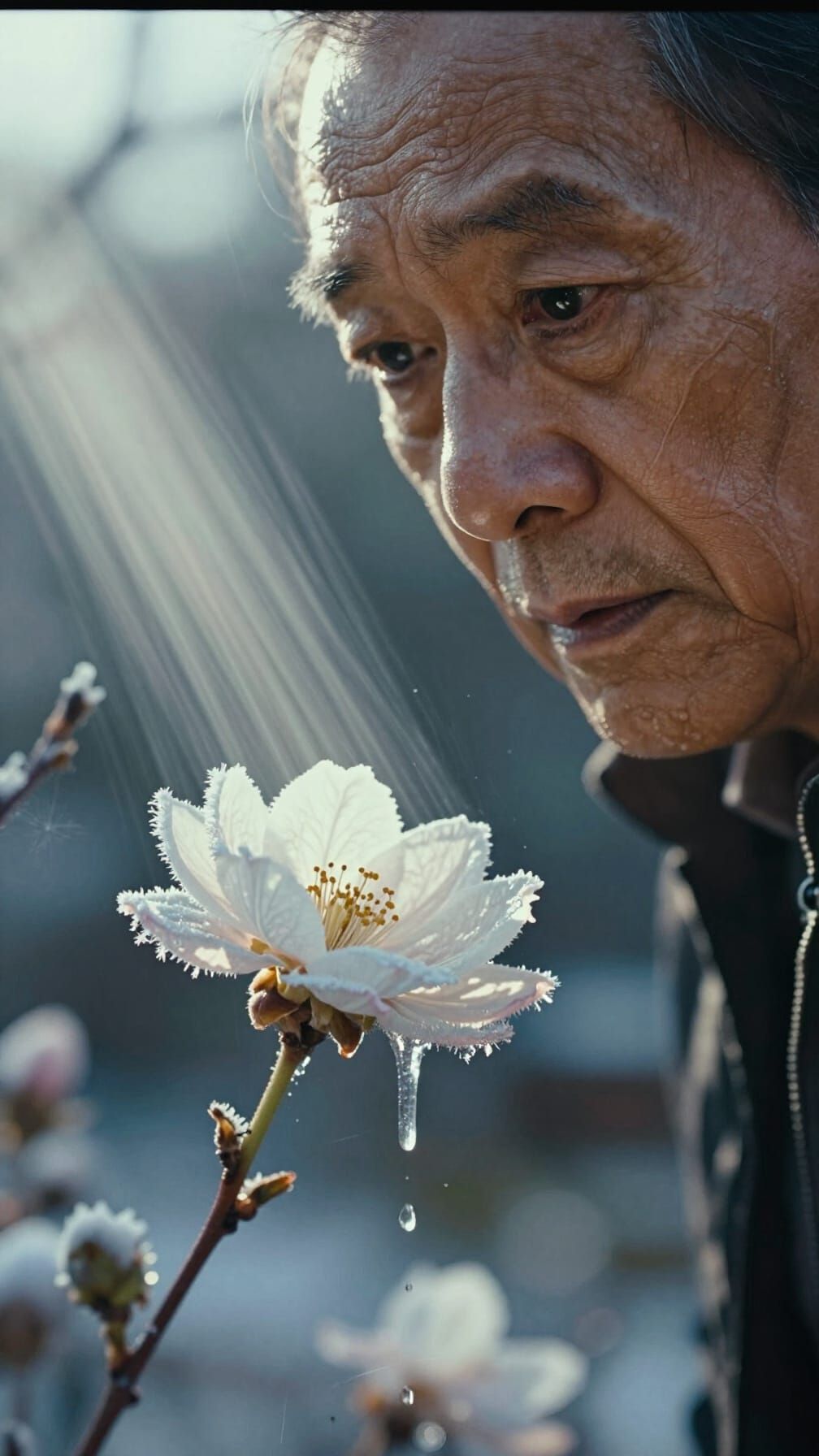 Elder's Intense Gaze: Melting Icicle Blooms in Sunbeam