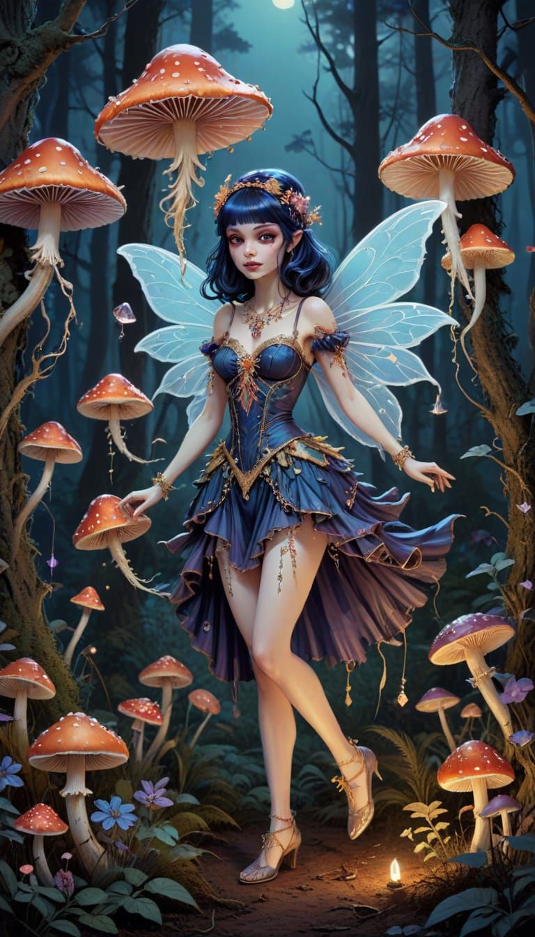 A whimsical fairy necromancer, adorned with delicate bone jewelry and trailing spectral wisps, conjures life from a patch of vibrant, enchan...