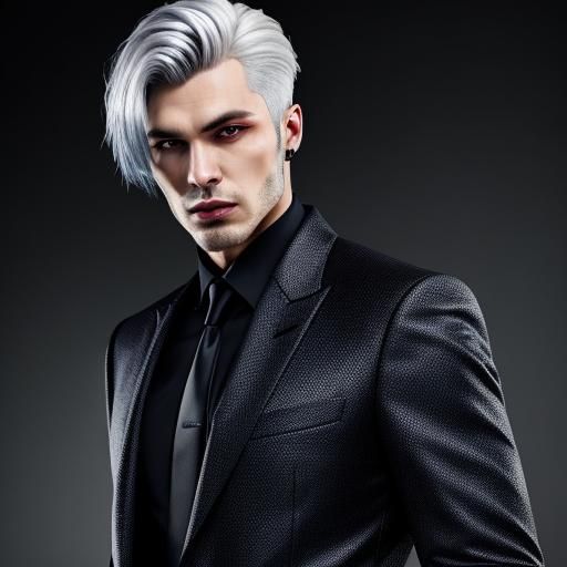 realistic charismatic young man who is a vampire with blue e...