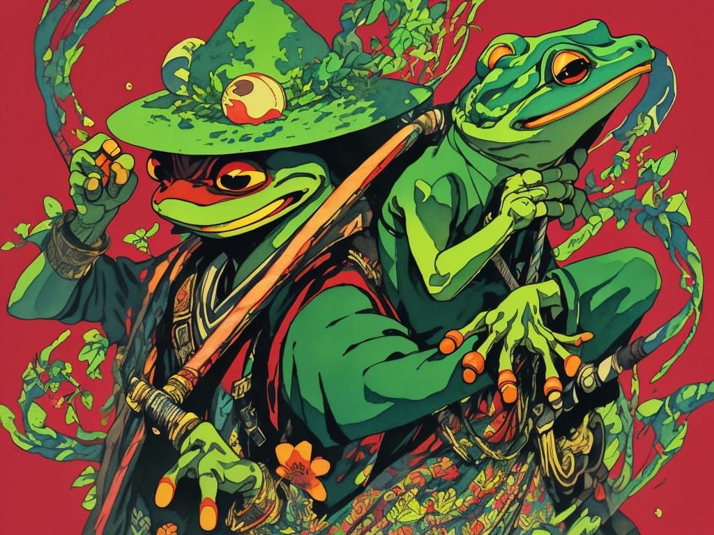 <lora:AniMidJ:1.0> Character: frog in yoga position with red Japanese hat on head and a pipe in hand. The frog is surprised, 4k image, Japan...