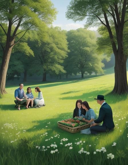 A summer meadow full of four-leaf clovers where a young fami...
