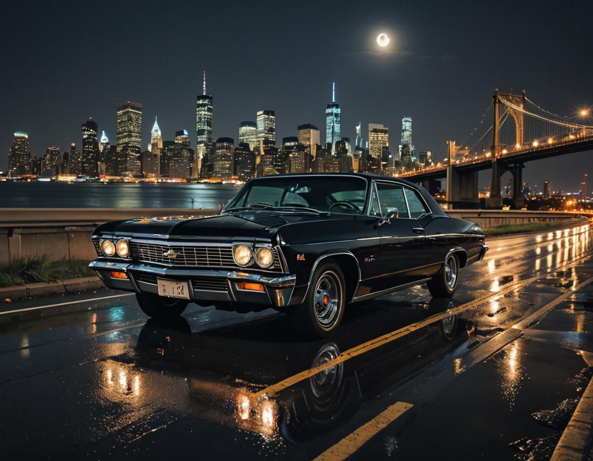 Beautifully detailed black 67 Chevy Impala on a highway outs...