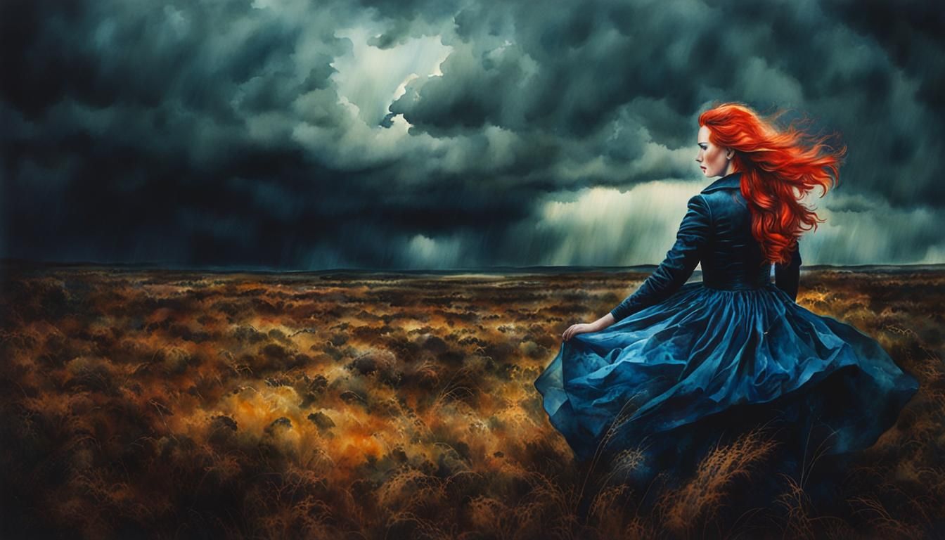 watercolor painting, red haired woman, dark clouds, rain  by @amazoon
