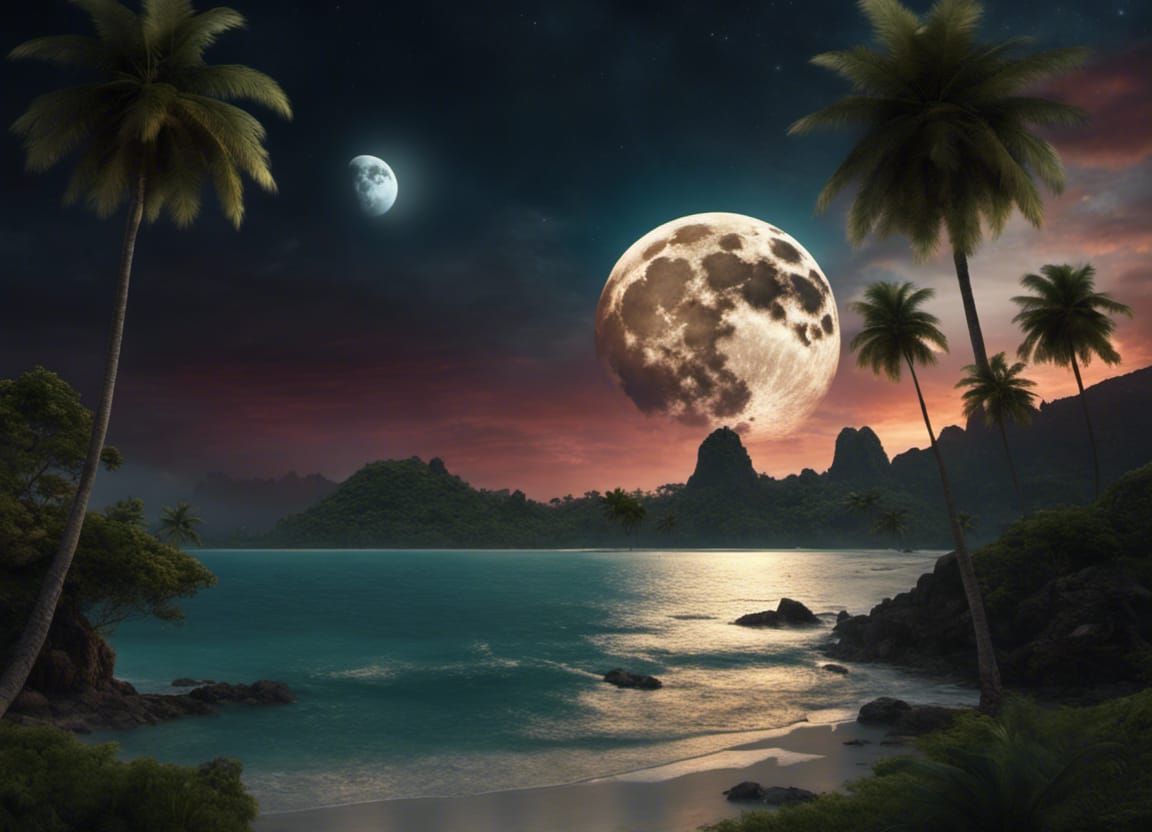 the moon setting over tropical landscape, Epic cinematic brilliance ...