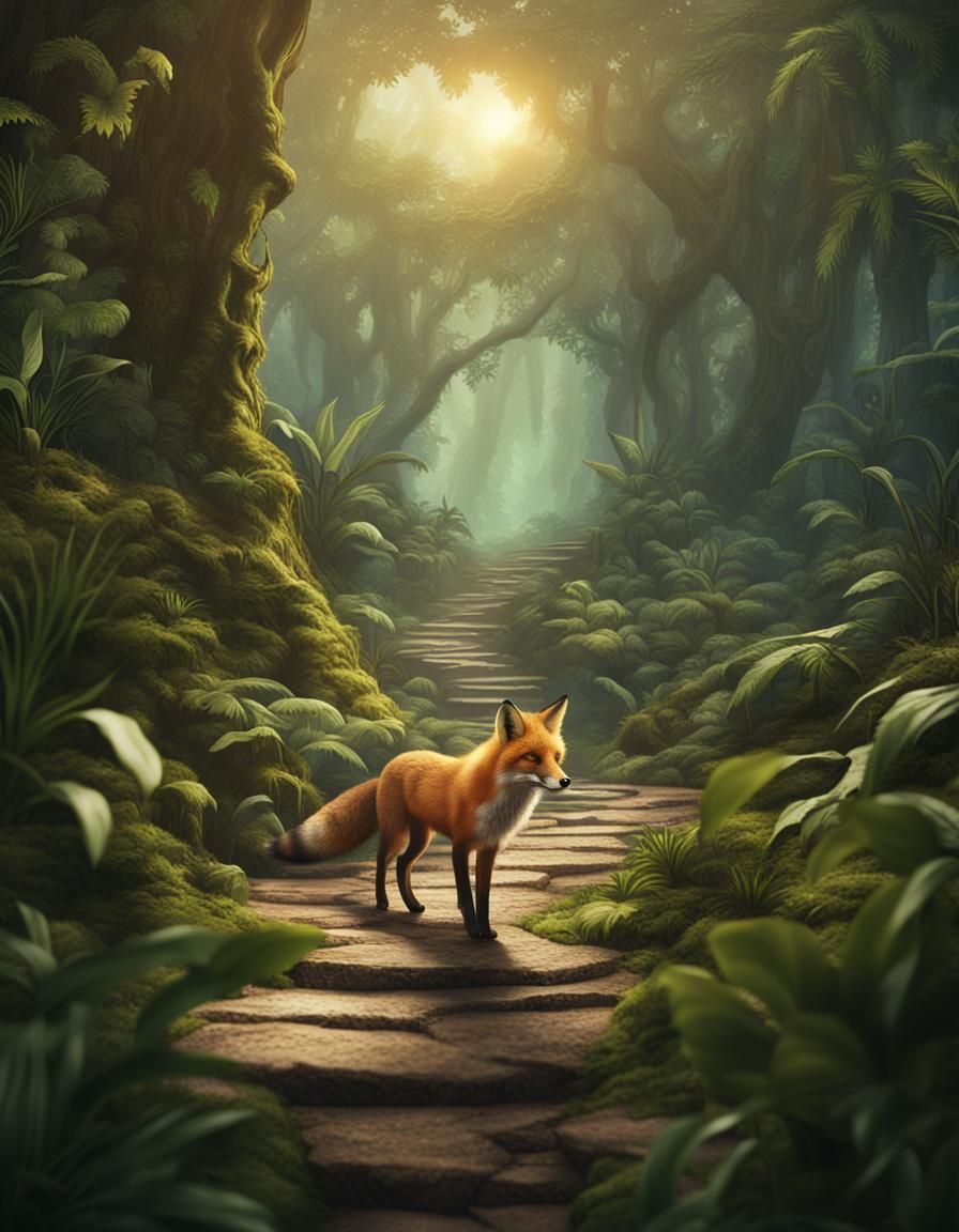 A fox is walking through the jungle