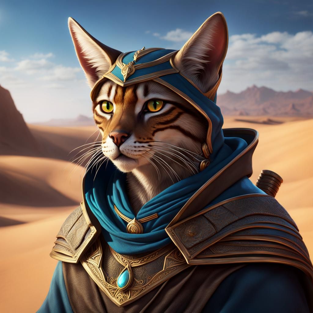 an rpg-style character portrait of a hooded tabaxi male who lives in ...