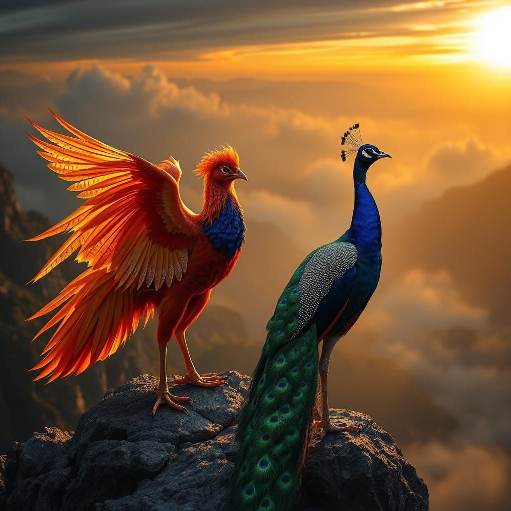 Majestic Phoenix and Peacock Stand Proud in Dramatic Sunset...
