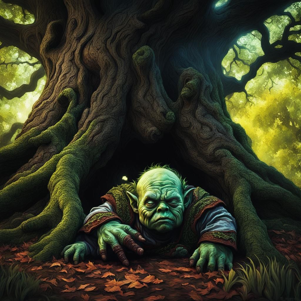 An Horrific infant zombie ogre in a tunic, sleeping under a massive oak ...