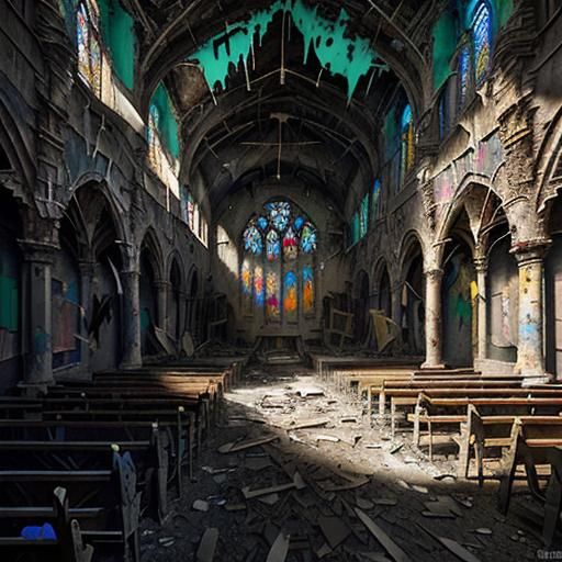 inside an old abandoned cathedral, paint peeling off walls, ...