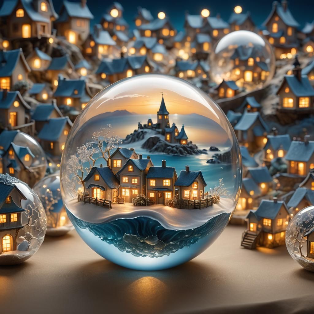 Glass Sphere Village Embraced by Wave: Fantasy Realism