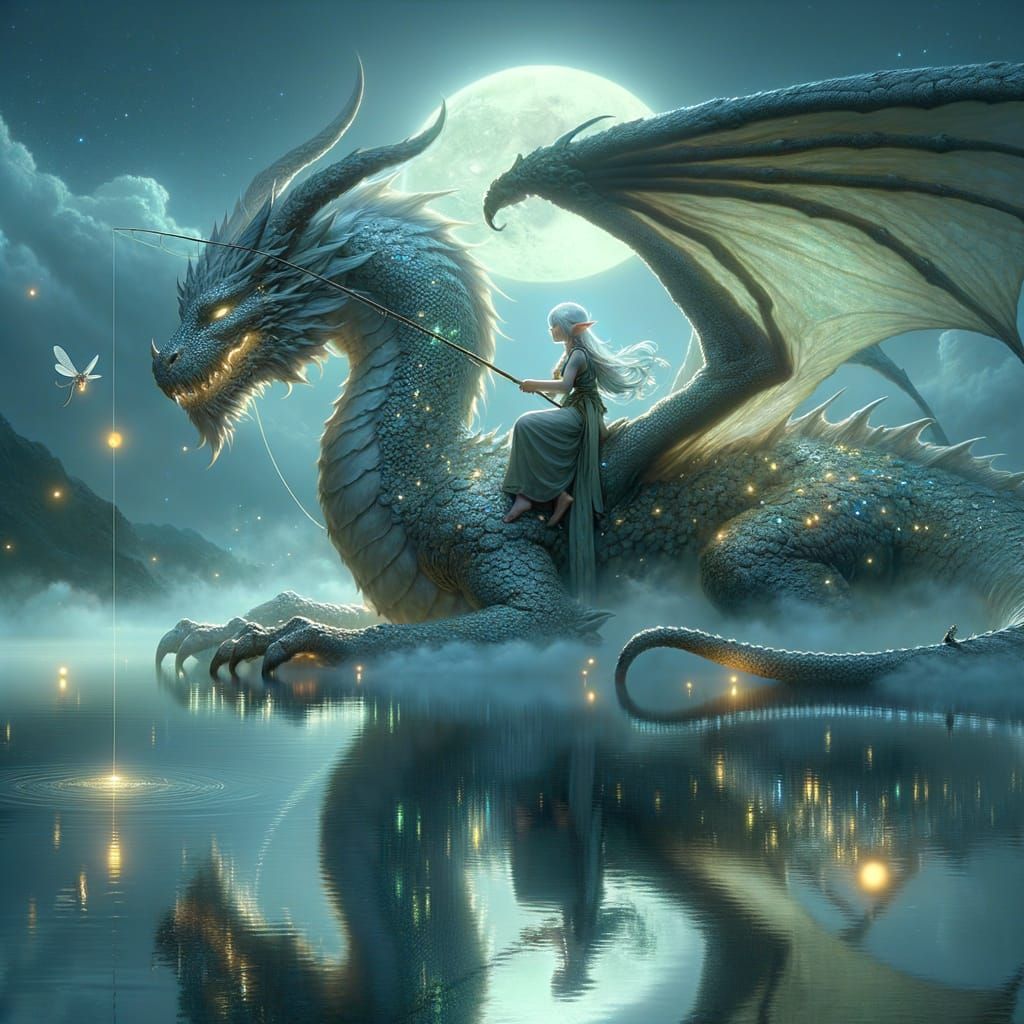 A serene, majestic fantasy scene of a lone beautiful elf sitting gracefully atop the back of a massive dragon. The pair hover silently above...