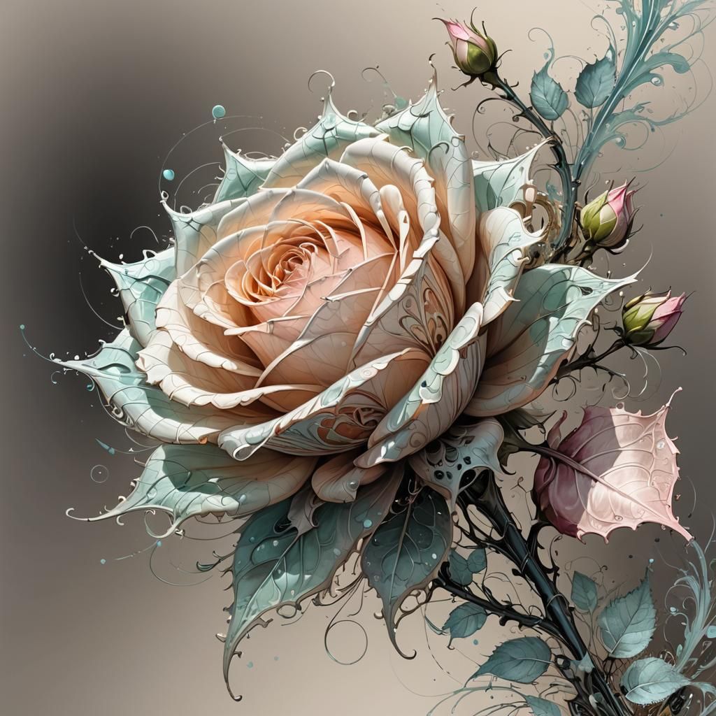 Pastel color ink masterpiece of Filigree Fractal wrapping around a mesmerizing delicate rosebud inspired by "Russ Mills"...