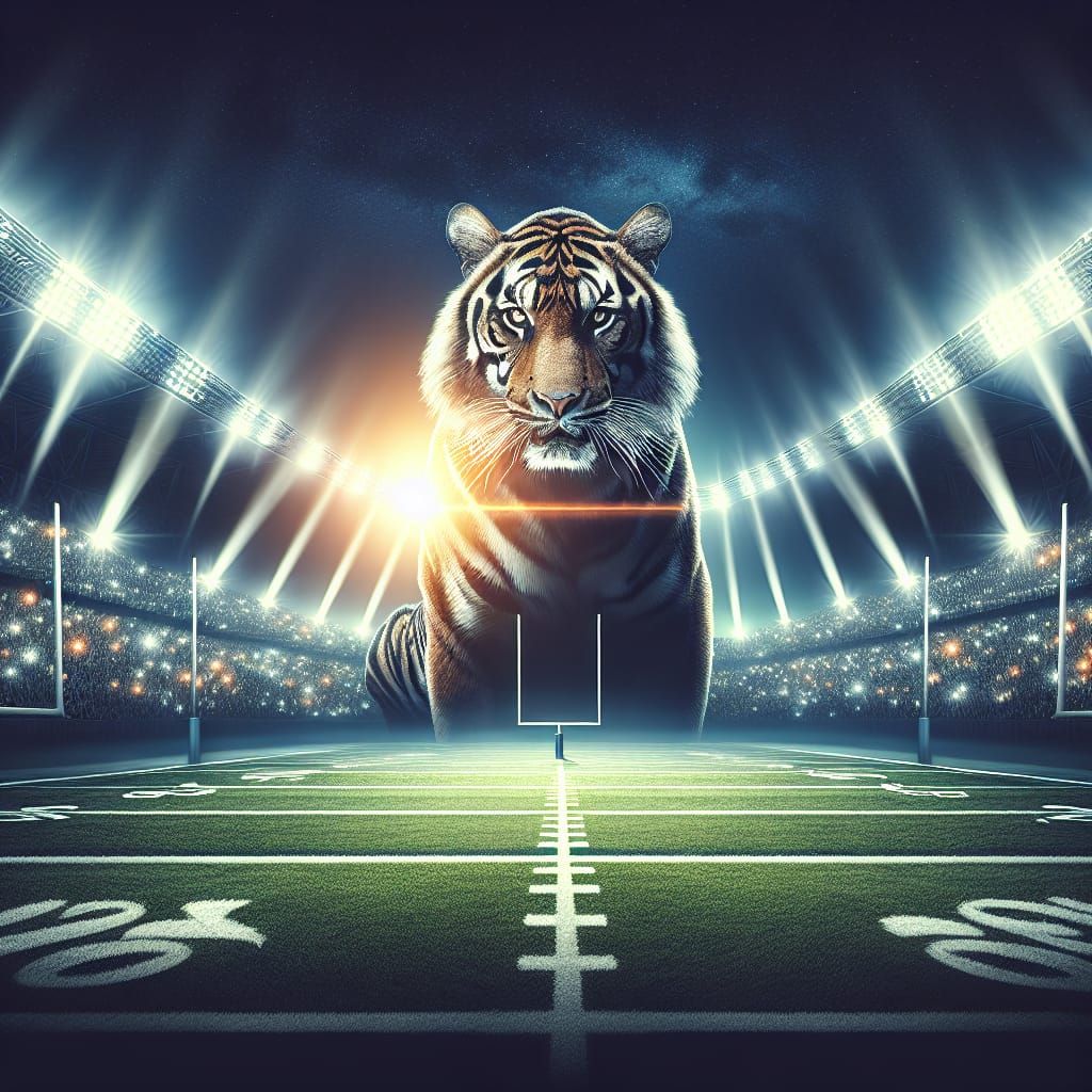 bengal tiger on an americanfootball field in an epic stadium...