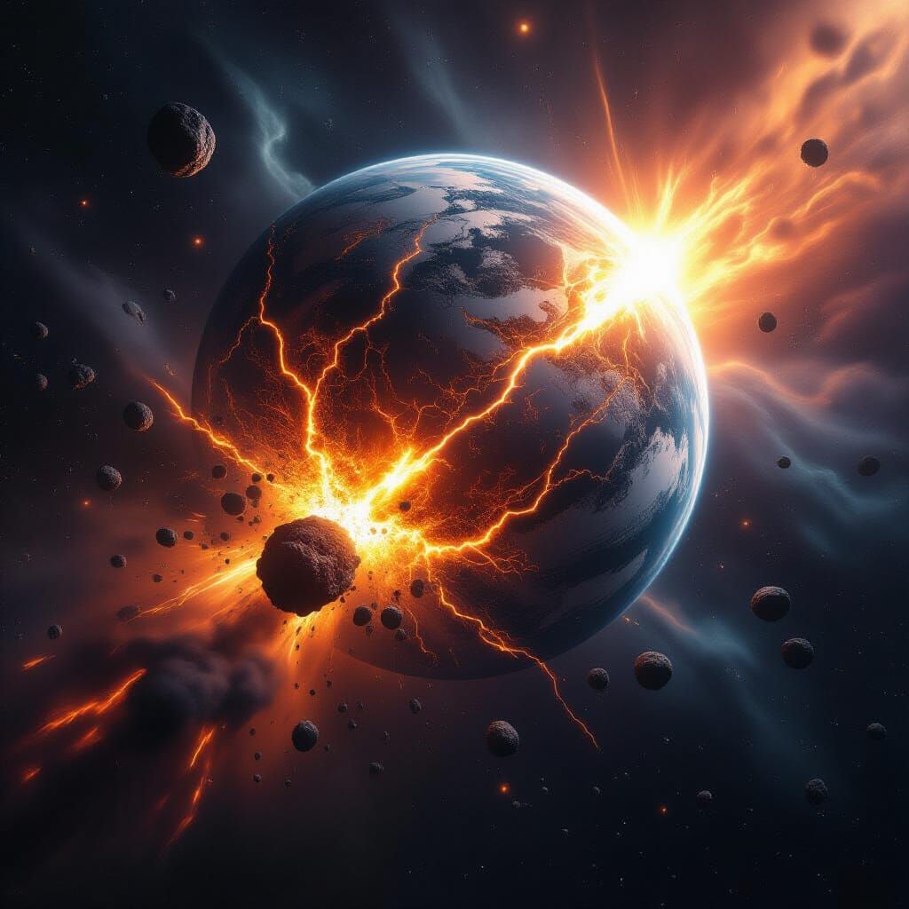 epic wide shot of a massive planet impact in deep space, smaller celestial body colliding with full force, explosive light burst at the cont...