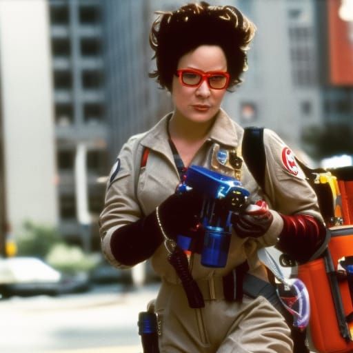 Jennifer Tilly as Ghostbuster in uniform with “ghostbuster” logo patch on shoulder and proton pack backpack belt of equipment, holding proto...