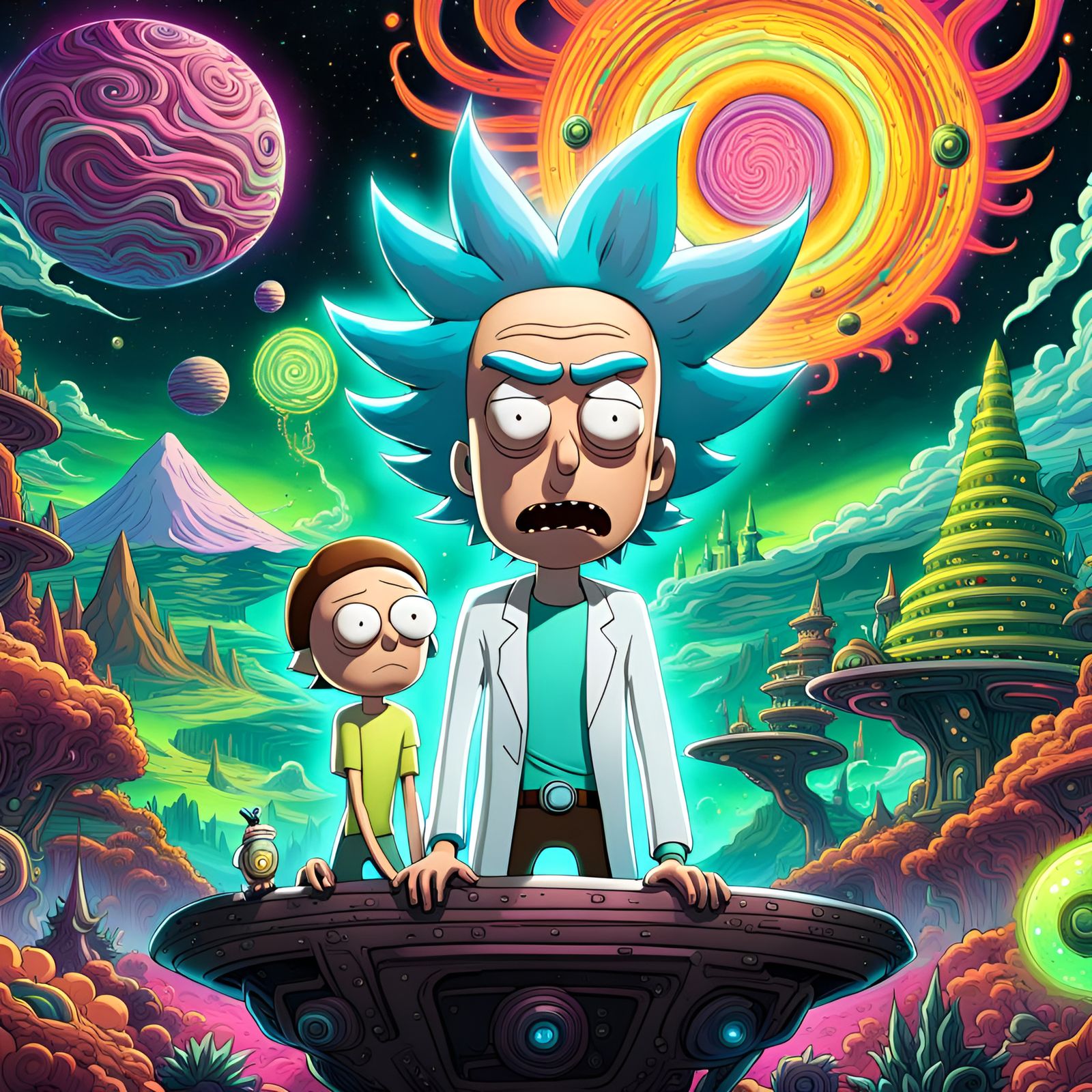 Render Rick and Morty's interdimensional adventure using mixed media ...