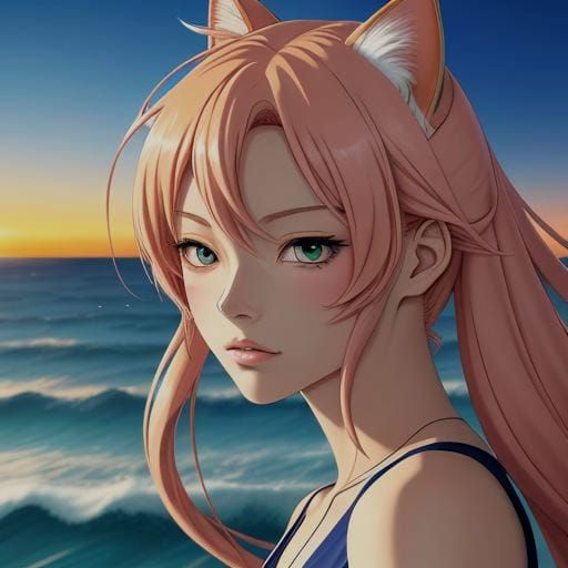 Cat on Beach in Anime Style