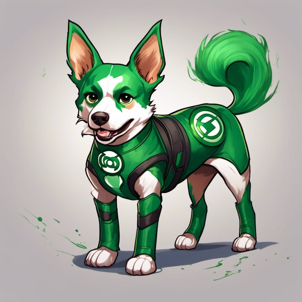 <lora:firey:1.0> a dog dressed as green lantern, concept art...