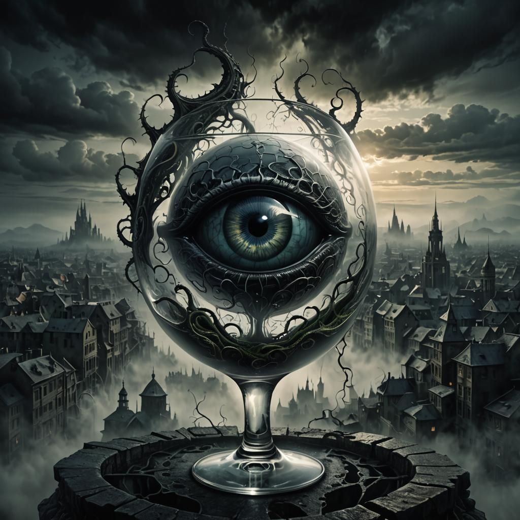 A 3D rendered dark fantasy scene with a central transparent glass "A" shape. The "A" is illuminated by a dramatic spotli...