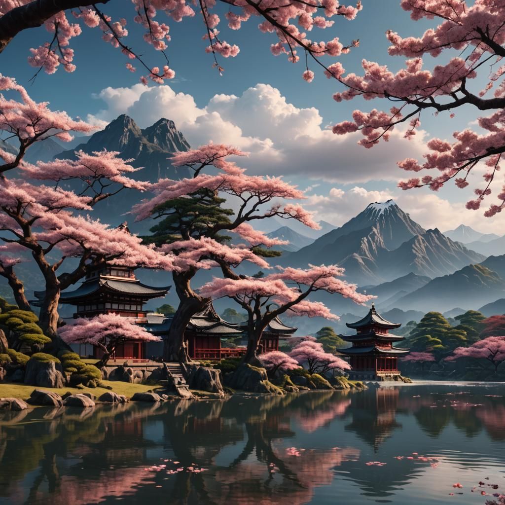 A beautiful ancient sakura tree in front of a lake. Mountain...