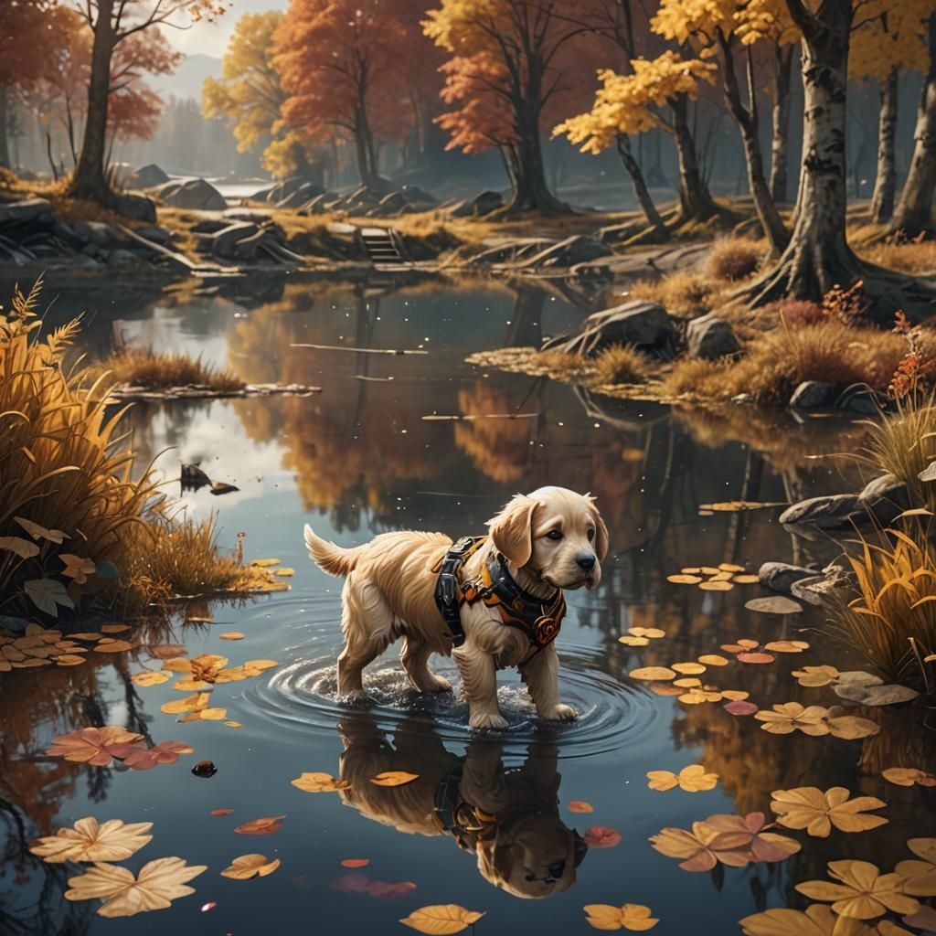 a cute puppy cyborg golden retreiver walking out of a small ...