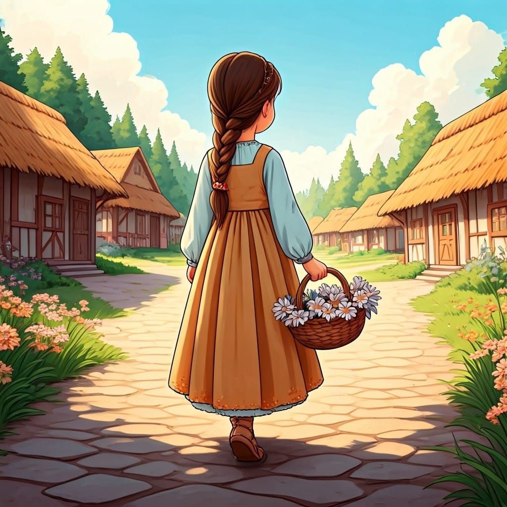 Rustic Village Girl Walks with Fresh Flowers in Hand