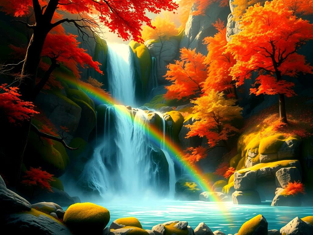 A majestic waterfall cascades down moss-covered rocks, surrounded by trees ablaze in fiery autumn colors ...  by @FantasyXplorer