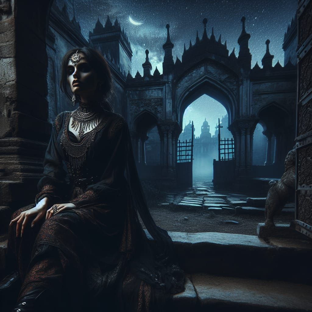Fantasy scene with a rogue woman sitting in front of a ruined gate at night. 