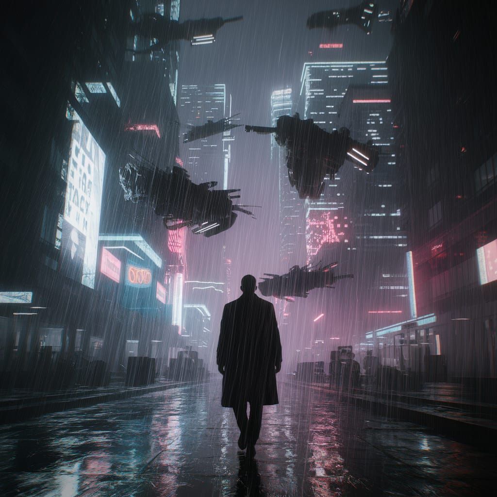 A cyberpunk cityscape at night, with towering neon skyscrapers and flying vehicles weaving through the dense smog. Rain slicks the streets, ...