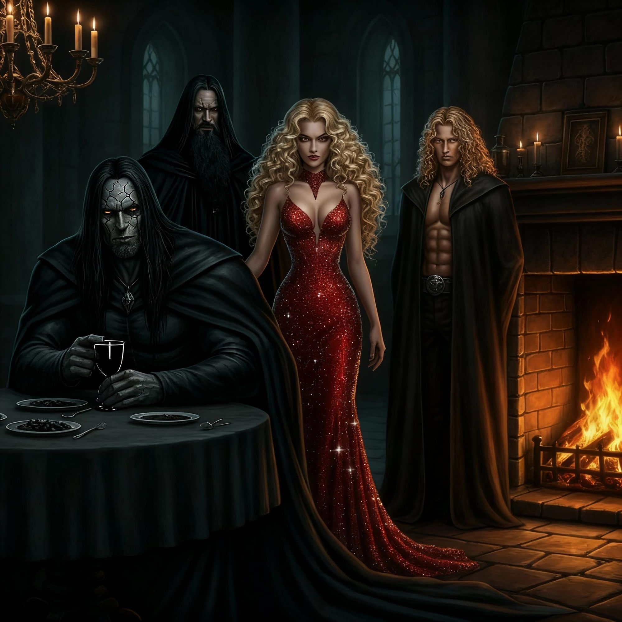 in a dark castle, a big, powerful man with long black hair and a dark gray cracked face, shaved without a beard, is sitting at a table, wear...