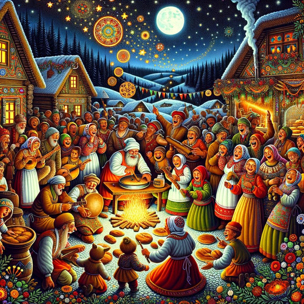 A humorous folk-art-style painting depicting a shaman baking bread for a joyful village. Around a bright fire, villagers dance, sing, and pl...