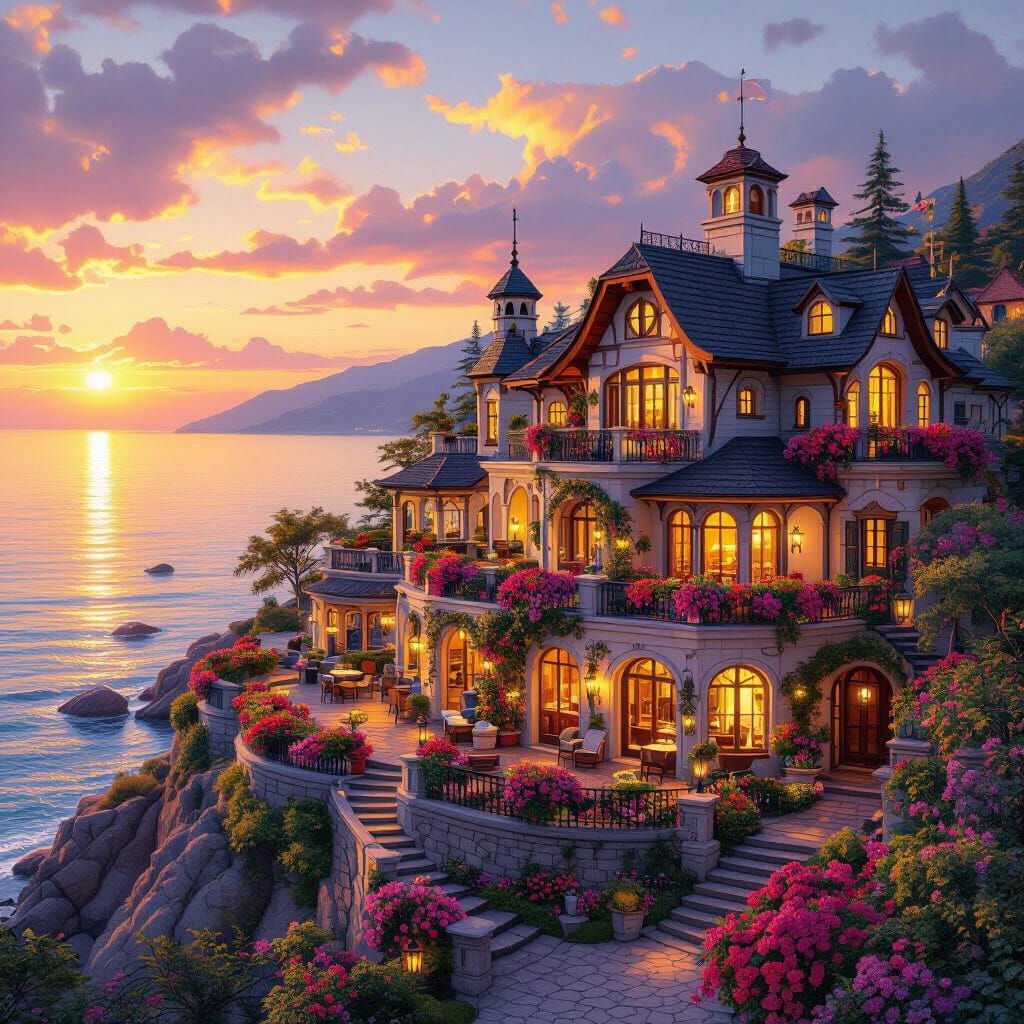 Enchanted Seaside Hotel at Sunset, Romantic Painterly Style