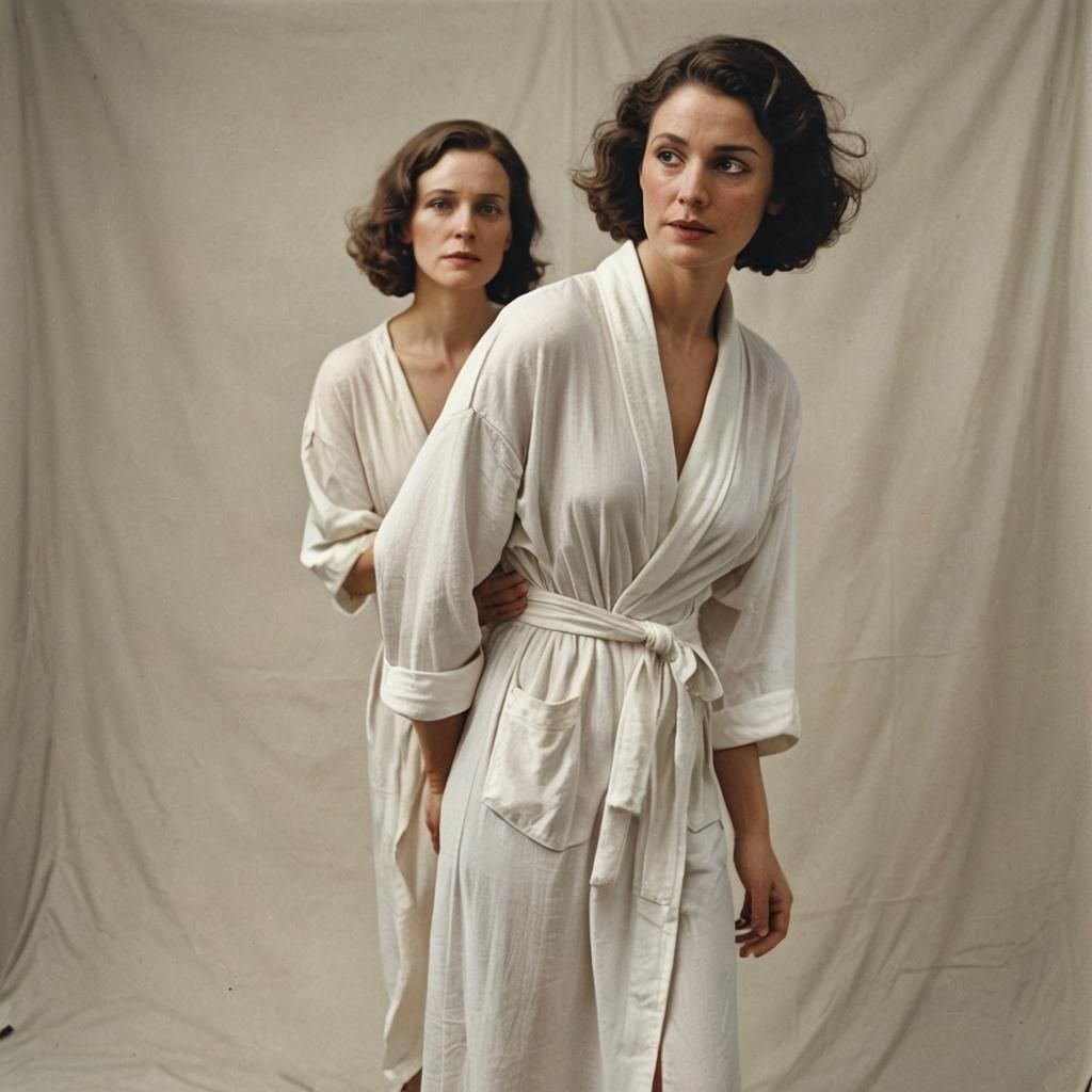 A woman in 30s wearing only a loosely drapedwhite robe, expo...