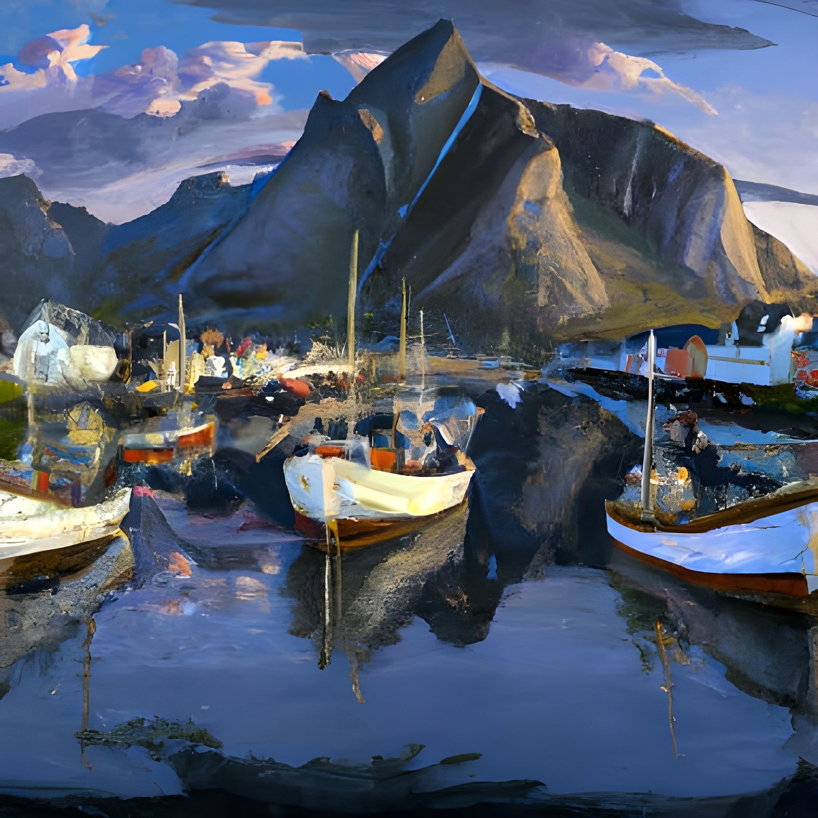 Beautiful Rococo oil painting of Lofoton Norway harbor with boats; dark ...