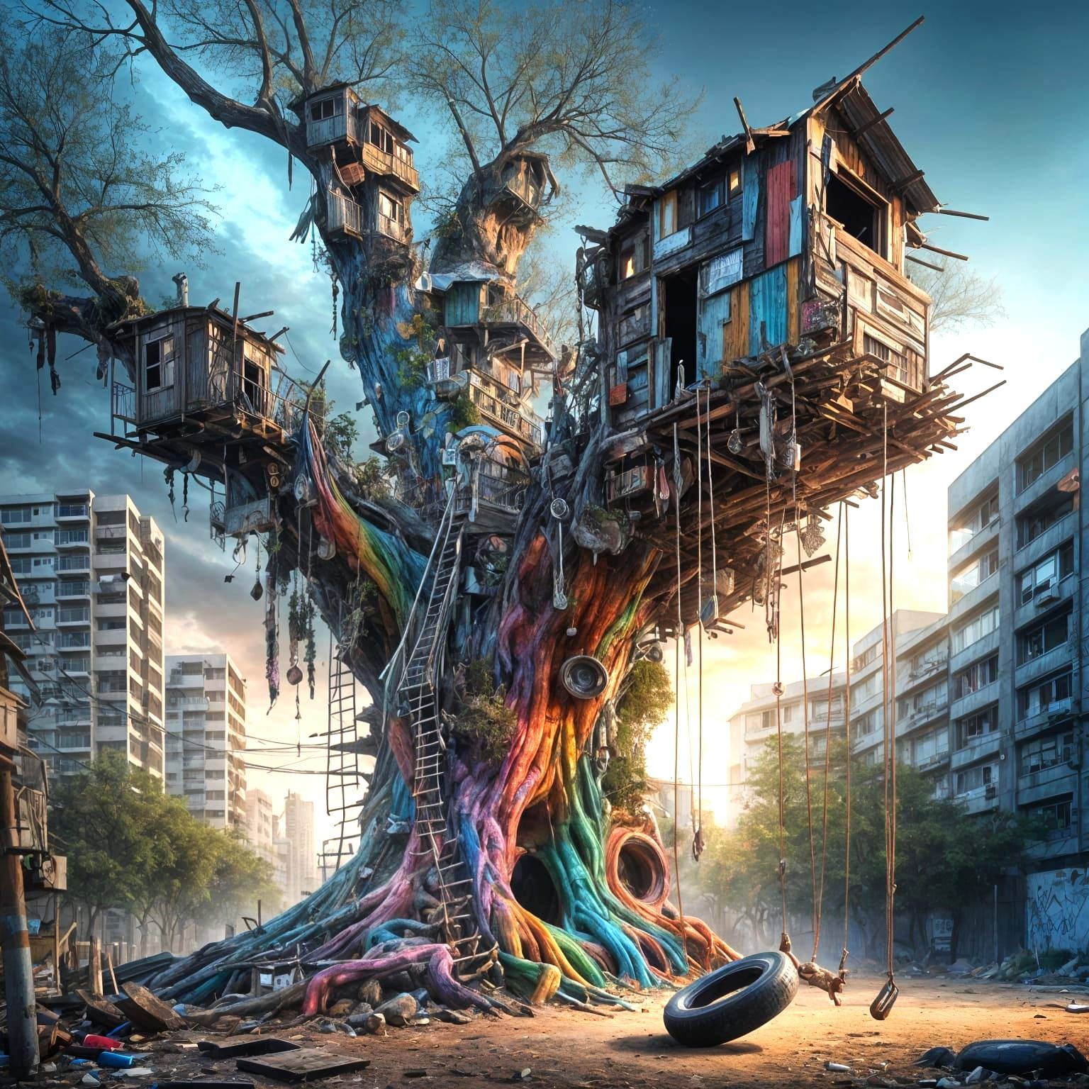A chaotic, recycled treehouse perched on an old, gnarled, dry tree trunk  by @EHACKMANN 
