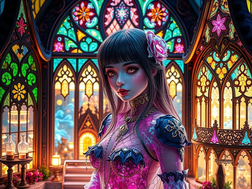 Dream Goth Girl in Fabergé Crystal Dollhouse
