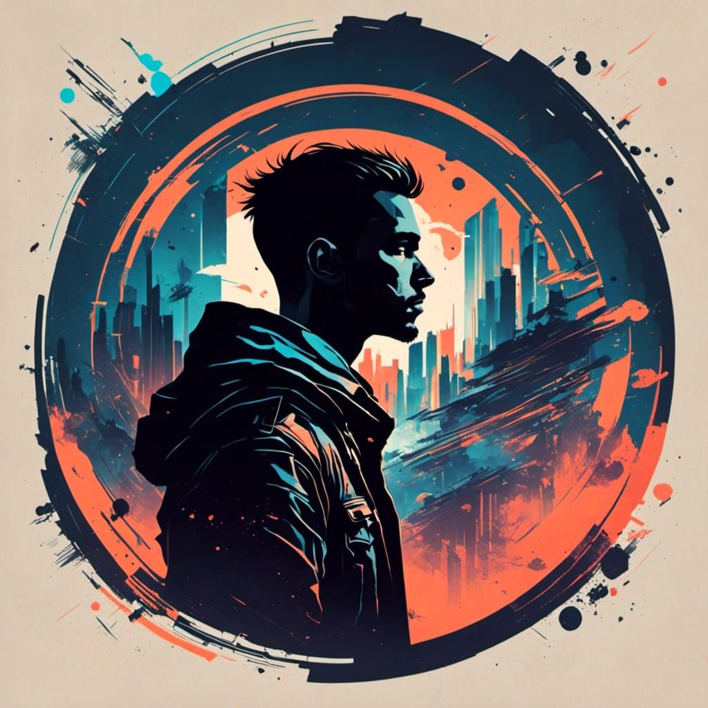 <lora:GlitchcoreSilhouette:1.0> A minimalistic book cover illustration of a handsome man in a t-shirt and jeans, silhouette, glitchcore