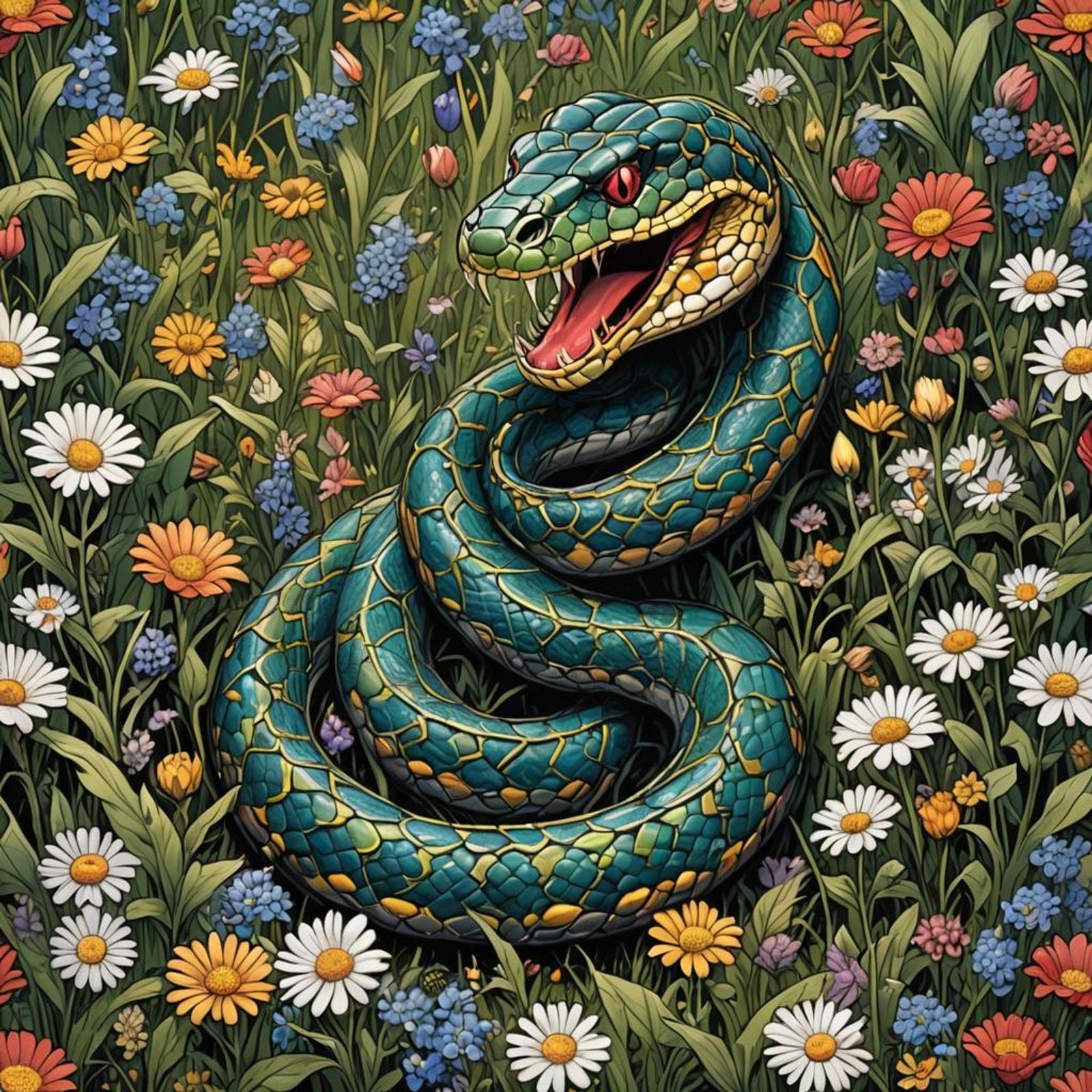 A snake with scales made of jewels, wound up in a field of wildflowers ...