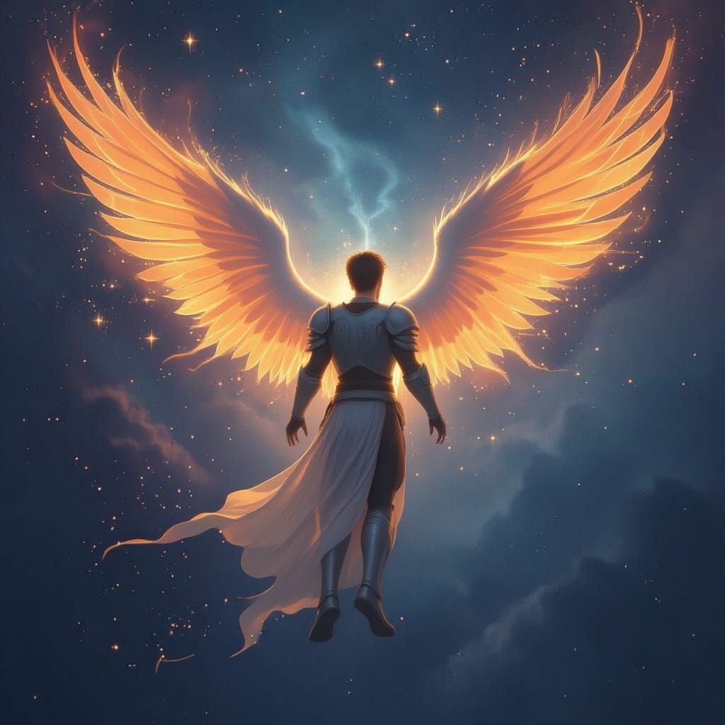 Angelic son Flying
“Called from the heavens on wings of fire, he guards with the fierce light of the stars.”