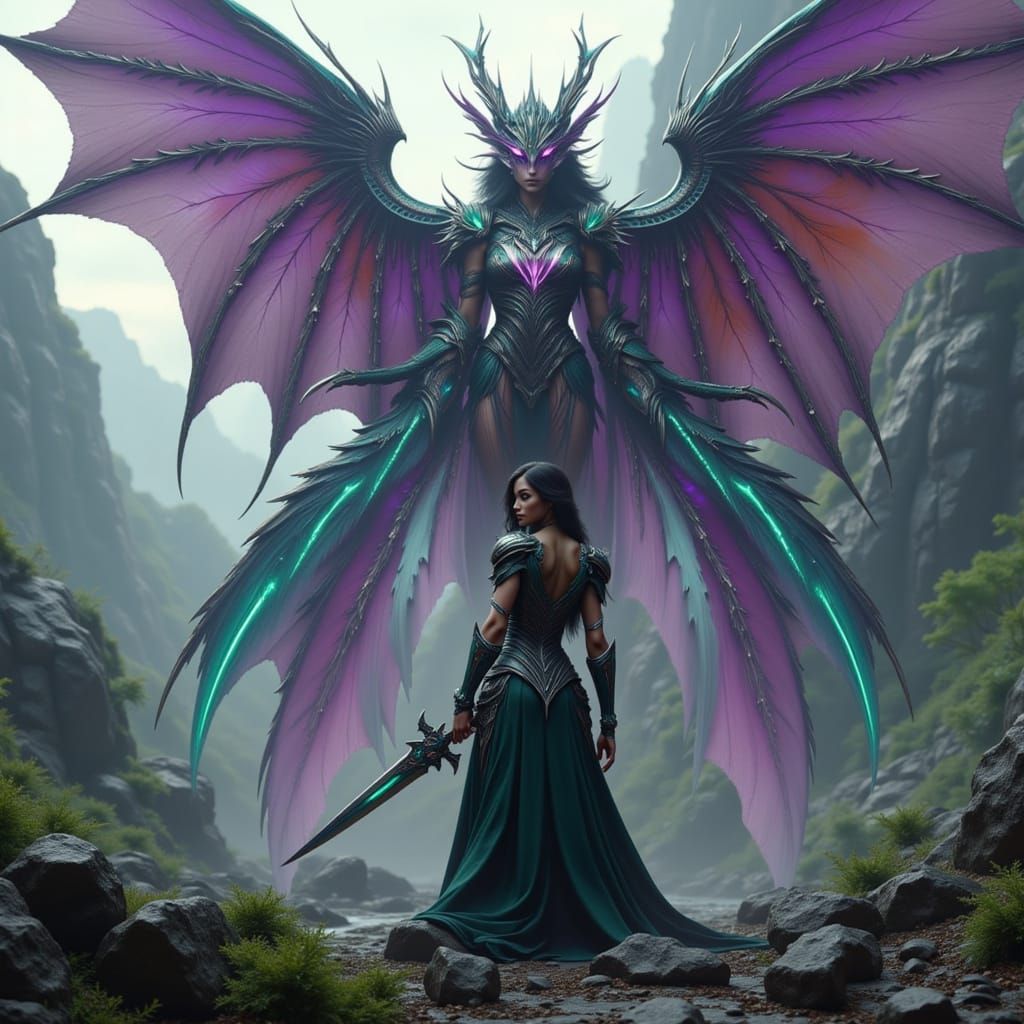 <lora:Rococowave-Flux:1.0> <lora:Hyperrealism Loves U:1.0> <lora:HyperRealistic Wings:1.0> Futuristic female orc warrior with greenish wings...