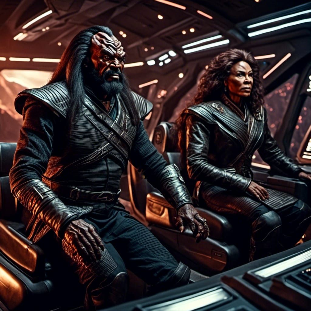 <lora:Klingons:1.0> Klingons warriors from Star Trek The Next Generation sitting on the bridge of a  Klingon Bird of Prey spaceship during a...