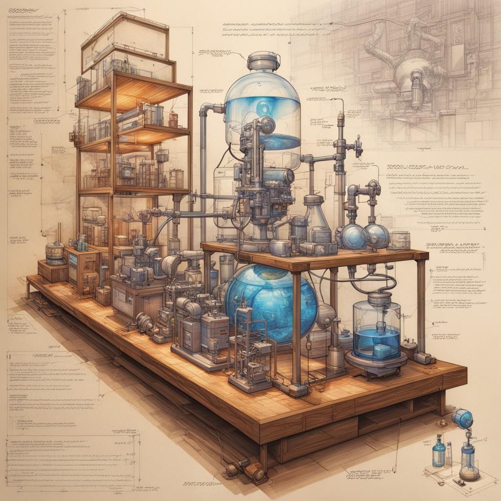 Graphic novel, colored pencil Technical blueprint schematic,...