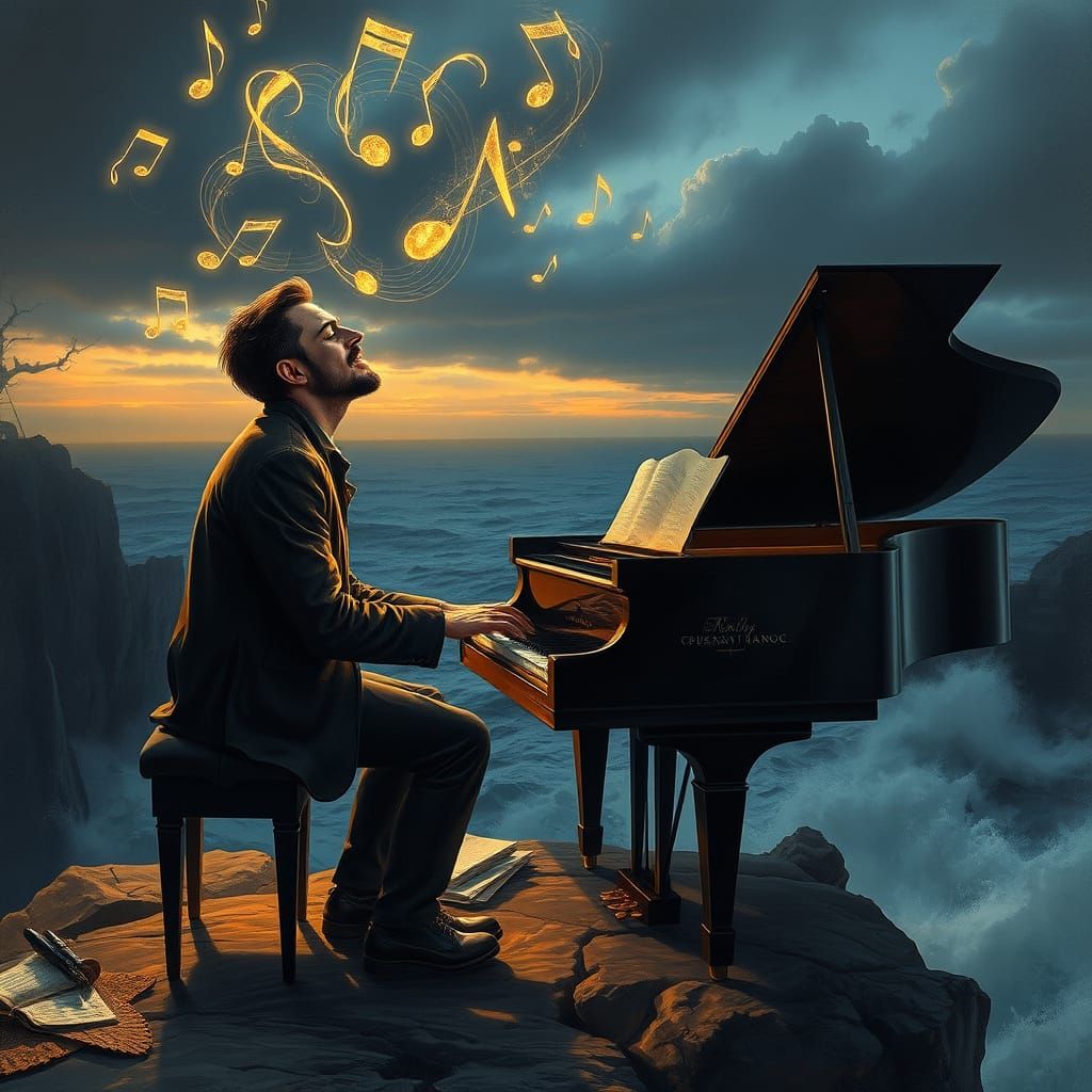 A man playing the piano, notes flying above him in a breathtaking view with the sea in the background.
